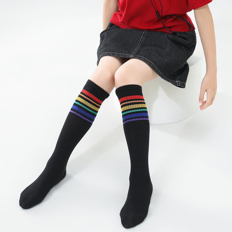 TOCONFFON Knee High Tube Socks for Boys Girls Teens, Kids Soccer School Cotton Uniform Sports Socks 3,4 Pairs(Rainbow Stripe 4 Pairs,8-12) - Image 5